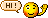 Pixelated yellow emoji with orange gradient cheeks, winking eye, and raised arm holding 'HI!' speech bubble against gray background.