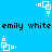 Blue background with white pixelated square icons and black text repeating 'emily white' in two