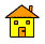 Two pixelated house icons side-by-side on a gray background, each with yellow walls, orange roofs, and orange doors.