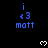 Blue text 'i <3 matt' repeated with white pixel hearts on black background, gray rectangle at bottom right corner.