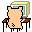 Pixelated character with peach skin and blonde hair sits at a desk, facing left in first frame then turning right in second frame.