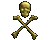 Animated sequence of a golden skull and crossbones icon in various poses against gray background.