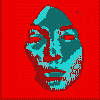 nine pixelated face images in varying color schemes and styles, including solid backgrounds, halftone dots, and grayscale, with one photo showing a person holding a child