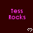 Dark red background with repeated pink 'Tess Rocks' text and white pixelated hearts in a