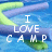 Animated icon with blue background and green/yellow shapes, displaying sequential text: 'I LOVE CAMP', then '.....', then 'SCHN COOL!!'