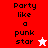 Pixelated text "Party like a punk star" appears across four with two distinct star icons, one white and one red, on colored backgrounds