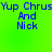 Bright green background with blue pixelated text reading "Yup ChrusYup Chrus And Nick" arranged in two vertical