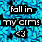 Animated icon with blue pixelated background displaying text 'fall in my arms' and heart symbol, transitioning to green-toned scene with black shapes forming a heart.