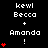 Pixelated text displays 'kewl Becca + Amanda !' with red heart symbols animating in vertical stacks on a black background.