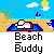 Animated beach scene with a cartoon character lying on a towel under a sun, displayed as a contact sheet of five frames showing slight animation changes in background elements.