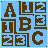 Pixelated brown letters A, B, and C on a light blue background with partial letter fragments in surrounding grid spaces.
