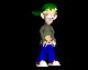 Animated character with green cap, brown shirt, blue pants, and white shoes stands against black background; head turns left to right across frames.