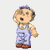 Pixelated cartoon child in light blue overalls and brown shoes, shown in multiple poses with mouth open, eyes closed, and blue motion lines around head.