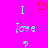 A bright pink background displays pixelated text and symbols: two light blue 'I' letters, a red heart symbol above them, the word 'love' in light blue below each 'I', and question marks at the bottom.