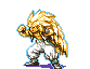 Pixel art character with golden spiky hair in multiple poses and transformations, including white energy bursts.