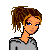 Pixel art of a female character with brown dreadlocks and blue eyes, wearing gray clothing; three views show full body in AF shirt/shorts, partial torso, and feet on blocks.