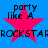 Blue background with four identical pink star icons, each overlaid with black text reading 'party like A' above and 'ROCKSTAR' below.