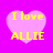 Four identical pink heart-shaped icons with yellow text "I love ALLIE" on a bright purple background, arranged in a
