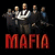 Group of men in dark suits with one central figure holding a white object, red text below reads MAFFIA on black background.