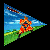 Pixelated triangular icon shows a figure in orange clothing holding a bow and arrow against a blue sky and green landscape.