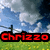 Pixelated landscape with blue sky, clouds, green grass, and fence; three text labels in red, green, and purple.