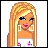 Pixel art buddy icon featuring a blonde woman with blue eyes and purple lips, wearing white earrings and a white top with pink flowers, next to text "TaKeN" and "Made at IconFun.com" on black background.