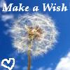 A dandelion seed head against a blue sky with white clouds, featuring text 'Make a Wish' at the top and a white heart outline in the bottom left corner.
