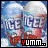 Two ice cream cones with blue and white swirls, red base, and 'iCeE' text on the cone; below them a black rectangle containing 'YUMM..' in varying colors.