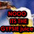 Pixelated image with red text on black backgrounds over a blurred blue and yellow backdrop.