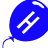 A blue balloon-shaped icon with a white 'H' symbol on the left, transitioning to scattered gray pixelated text fragments on the right across two animation frames.