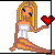 Pixelated cartoon woman with blonde hair and blue eyes holds a red heart, seated in white dress against white background.