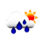 Pixelated weather icon showing a white cloud with blue raindrops and an orange-yellow sun partially behind it on gray background.
