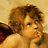 A static image of a cherub with curly brown hair resting its chin on a hand, set against a beige background with red accents.