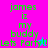 Green pixelated text 'james iz my buddy Lets Party!!' on four colored backgrounds with small star symbols, animated across four