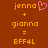 Pixelated orange text on brown background shows 'jenna' with pink heart, 'gionno', equals sign, and 'BFF4L' with two identical versions side-by-side.
