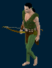 Pixelated character in green attire holding a bow, shown in four sequential walking poses against a dark blue background.
