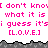 Pixelated text repeats 'I don't know what it is i guess it's' with '[L.O.V.E.]' below, set against a gray jagged border on white background.