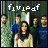 A 4x3 contact sheet of 12 animated frames showing a group photo with a woman in the foreground and men behind her, where the text "flyleaf" changes color across frames.