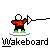 Pixelated character in red jacket and black pants on white wakeboard with green feet, holding a rope against gray background.