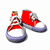 Red high-top sneakers with white laces and blue soles, shown in four sequential poses on a white background.