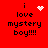 Red background with black text reading "i love mystery boy!!!!" and four distinct pixelated heart symbols in different positions.