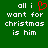 Green background with white pixelated text reading 'all i want for christmas is him' and a red heart symbol replacing the letter 'o' in 'i'.
