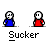 Animated contact sheet of 15 frames showing two pixelated stick figures in blue and red outfits with changing speech bubbles above them, all labeled "Sucker" below.