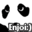 Black-and-white pixelated panda face with closed eyes and a smiling mouth, overlaid text "Enjoi:)" in three positions across the image.