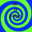Four identical spiral patterns with alternating blue and green rings, each containing the text 'im a pimp' in dark purple letters.