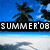 Pixelated beach scene with palm trees and blue sky, featuring overlaid text in black rectangular boxes.