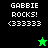 Pixelated text 'GABBIE ROCKS! <33333' appears on black and green backgrounds with a small star icon changing color.