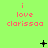 A bright green background displays repeated text 'i love clarissa' in pink, with changing black symbols above the text across frames.