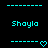 Two identical cyan pixel art display 'Shayla' text with dashed lines and heart symbols on black backgrounds