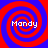 Four identical spiral patterns in red and blue with the text "Mandy" in white pixelated font centered in each spiral.